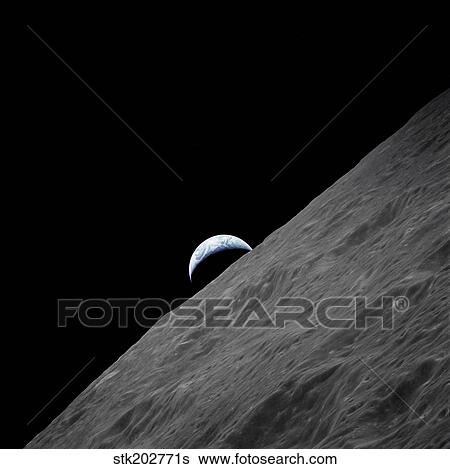 The crescent Earth rises above the lunar horizon. View Large Photo Image Stock Photograph - The crescent Earth rises above the lunar horizon.. Fotosearch