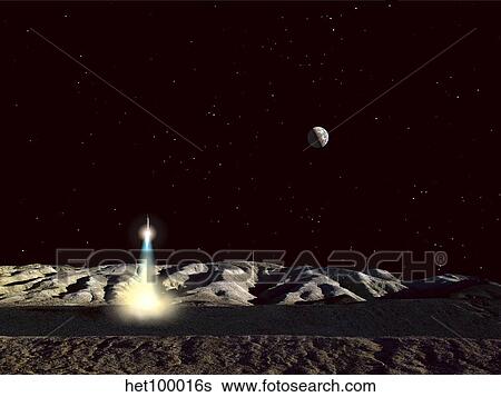 The Earth hangs in the low lunar sky as a sleek moonship lifts off from the lunar hills. View Large Illustration Stock Illustration - The Earth hangs in the low lunar sky as a sleek moonship lifts off from the lunar hills.. Fotosearch