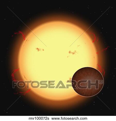 Stock Illustration - The extrasolar planet HD 209458 b passing in front of its star.. Fotosearch
