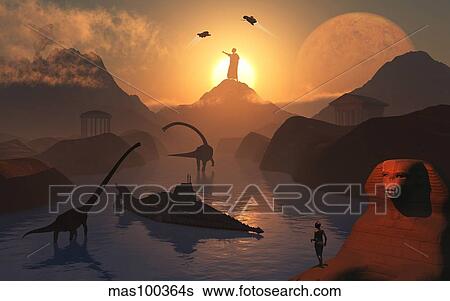 Stock Illustration - The fabled City of Atlantis set in the time of the dinosaurs.. Fotosearch