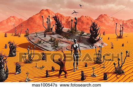 Stock Illustration - The first man, Adam, greeting an alien robotic Eve.. Fotosearch