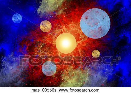 Stock Illustration - The formation of new planets in an alien star system.. Fotosearch