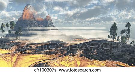 Stock Illustration - The island on Hawaii is engulfed by layers of red hot lava by an active volcano.. Fotosearch
