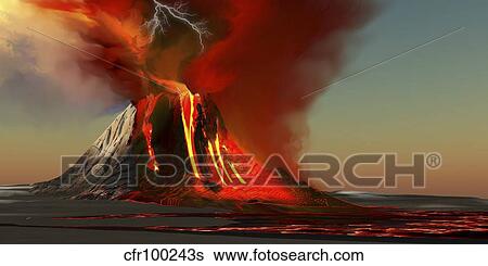Stock Illustration - The Kilauea volcano erupts on the island of Hawaii with plumes of fire and smoke.. Fotosearch