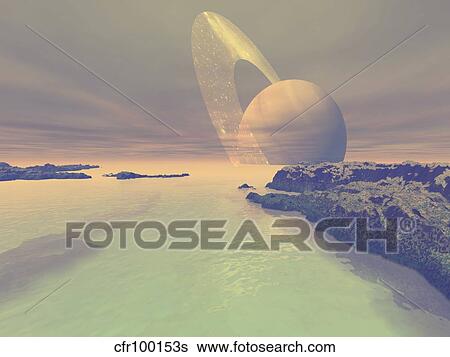 The landscape of Titan, one of Saturn's moons. View Large Illustration Stock Illustration - The landscape of Titan, one of Saturn's moons.. Fotosearch
