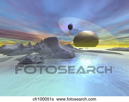 Stock Illustration - The landscape on one of Saturn's moons.. Fotosearch