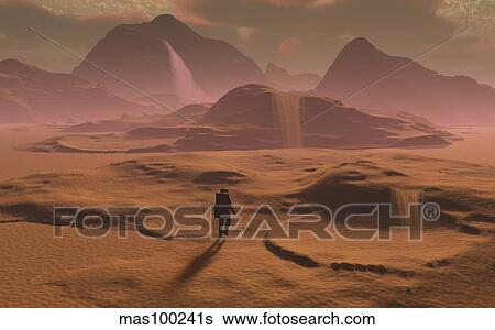 The lone figure of an explorer watching the sandfalls of a barren planet. View Large Illustration Stock Illustration - The lone figure of an explorer watching the sandfalls of a barren planet.. Fotosearch