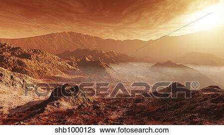 The Martian sun sets over the high walls of Mojave Crater. View Large Illustration Stock Illustration - The Martian sun sets over the high walls of Mojave Crater.. Fotosearch