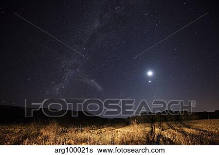 Stock Photograph - The Milky Way, the Moon, Venus and Spica after twilight in Azul, Argentina.. Fotosearch