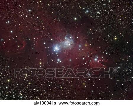 Stock Photograph - The NGC 2264 region showing the Cone Nebula, Christmas Tree Cluster, and Fox Fur Nebula.. Fotosearch