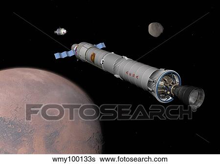 Stock Illustration - The Phobos mission rocket prepares for approach to the martian moon.. Fotosearch