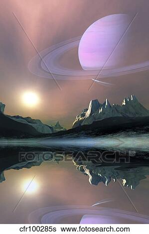 Stock Illustration - The planet Saturn lights up the sky of one of its moons called Titan.. Fotosearch