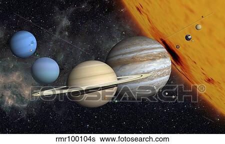 Stock Illustration - The planets and larger moons to scale with the Sun.. Fotosearch