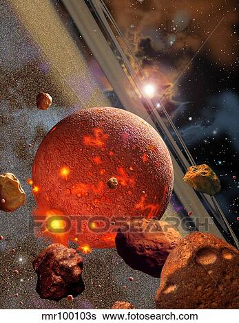 Stock Illustration - The primordial Earth being formed by asteroid-like bodies.. Fotosearch