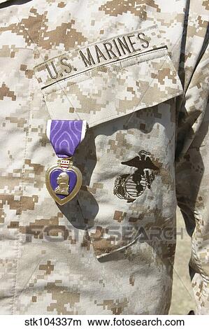 The Purple Heart award hangs over the heart of a U. S. Marine. View Large Photo Image Picture - The Purple Heart award hangs over the heart of a U. S. Marine.. Fotosearch