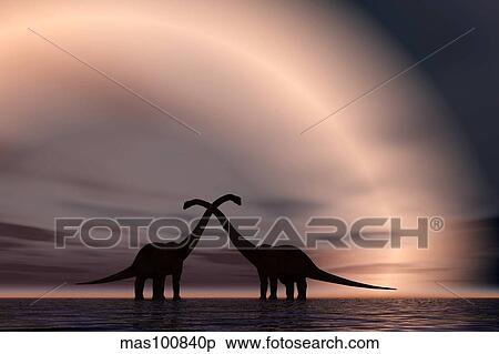 The silhouetted forms of a pair of courting sauropod dinosaurs. View Large Illustration Stock Illustration - The silhouetted forms of a pair of courting sauropod dinosaurs.. Fotosearch