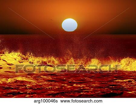 Stock Photograph - The Sun and ocean waves in Miramar, Argentina.. Fotosearch