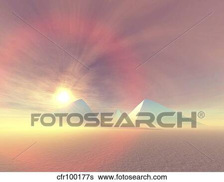 Stock Illustration - The sun rises on Egyptian pyramids on a desert morning.. Fotosearch
