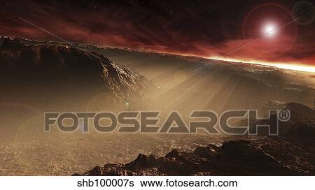 The sun rises over Gale Crater, Mars. View Large Illustration Stock Illustration - The sun rises over Gale Crater, Mars.. Fotosearch