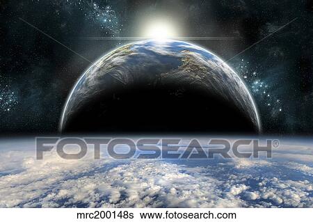 The sun rises over one of a pair of twin planets. View Large Photo Image Stock Photograph - The sun rises over one of a pair of twin planets.. Fotosearch