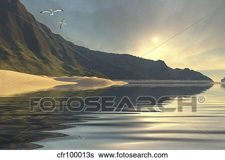 Stock Illustration - The sun sets on a beautiful mountainside and shoreline.. Fotosearch