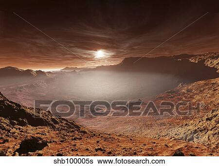 The sun sets over the Eberswalde region of Mars. View Large Illustration Stock Illustration - The sun sets over the Eberswalde region of Mars.. Fotosearch