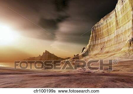 The sun shines down upon a lake near the mountains. View Large Illustration Stock Illustration - The sun shines down upon a lake near the mountains.. Fotosearch