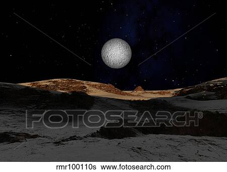The surface of Pluto with Charon in the sky. View Large Illustration Stock Illustration - The surface of Pluto with Charon in the sky.. Fotosearch