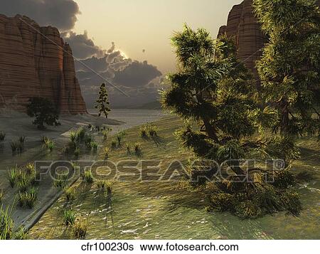 Stock Illustration - The trees are kissed by sunlight before an approaching storm.. Fotosearch