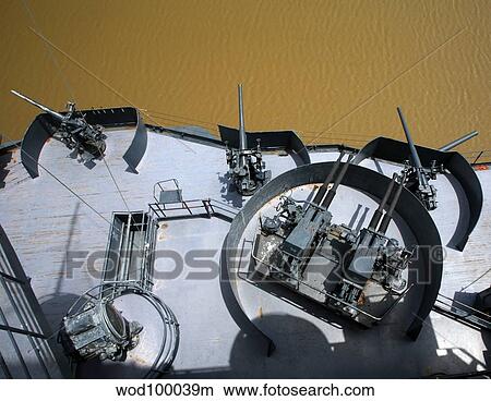 The twin Bofors 40mm anti-aircraft naval guns. View Large Photo Image Picture - The twin Bofors 40mm anti-aircraft naval guns.. Fotosearch