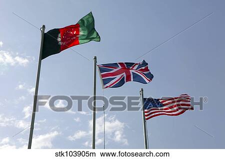 The Union Flag of the United Kingdom between the Afghanistan and United States flags. View Large Photo Image Picture - The Union Flag of the United Kingdom between the Afghanistan and United States flags.. Fotosearch