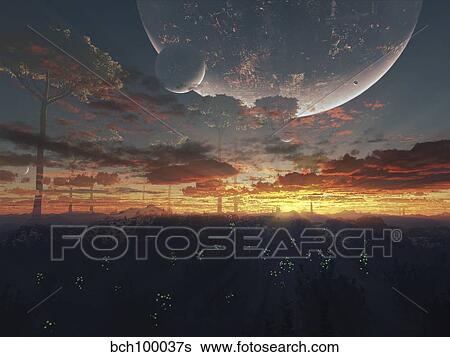 Stock Illustration - The view from an alien moon towards the massive planet it orbits.. Fotosearch
