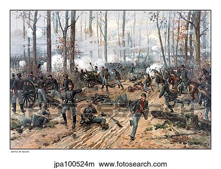 Stock Illustration - This Civil War painting shows Union and Confederate troops at The Battle of Shiloh.. Fotosearch