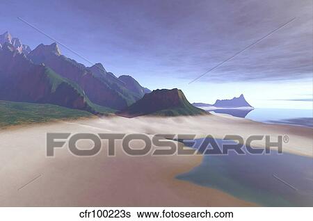 Stock Illustration - This misty Hawaiin coastline on the island of Oahu has clear blue waters.. Fotosearch