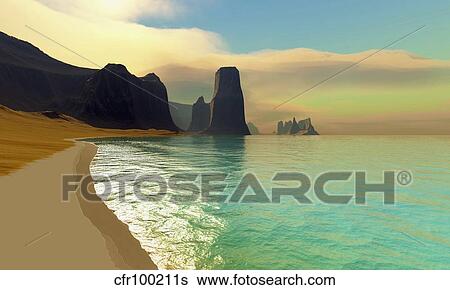 This ocean beach is colored in beautiful pastel colors. View Large Illustration Stock Illustration - This ocean beach is colored in beautiful pastel colors.. Fotosearch