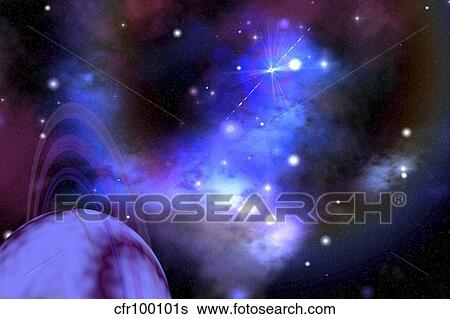This ringed planet is sorrounded by a colorful nebula. View Large Illustration Stock Illustration - This ringed planet is sorrounded by a colorful nebula.. Fotosearch
