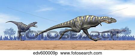 Stock Illustration - Three Aucasaurus dinosaurs running in the desert.. Fotosearch