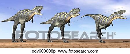 Stock Illustration - Three Aucasaurus dinosaurs standing in the desert by daylight.. Fotosearch