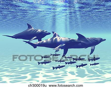 Three Bottlenose Dolphins swim with a group of reef fish. View Large Illustration Stock Illustration - Three Bottlenose Dolphins swim with a group of reef fish.. Fotosearch