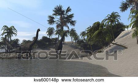 Three Brachiosaurus dinosaurs grazing. View Large Illustration Stock Illustration - Three Brachiosaurus dinosaurs grazing.. Fotosearch