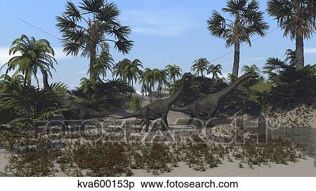 Three Brachiosaurus dinosaurs grazing on vegetation. View Large Illustration Stock Illustration - Three Brachiosaurus dinosaurs grazing on vegetation.. Fotosearch