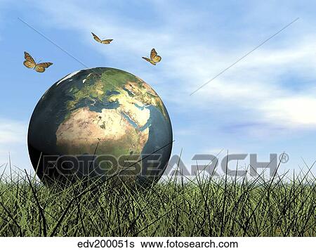 Three butterflies flying around Earth globe. View Large Illustration Stock Illustration - Three butterflies flying around Earth globe.. Fotosearch