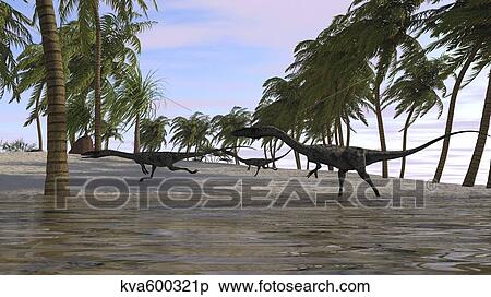 Three Coelophysis running along the shore. View Large Illustration Stock Illustration - Three Coelophysis running along the shore.. Fotosearch