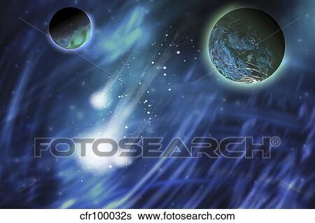 Stock Illustration - Three comets blaze a trail near a planet and its moon.. Fotosearch