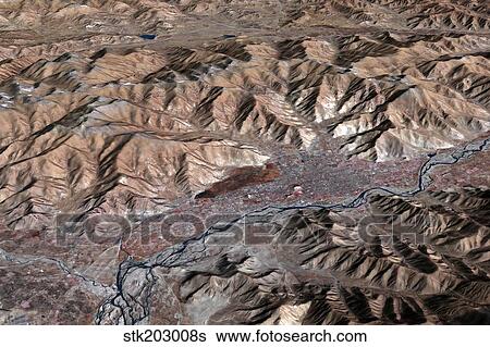 Stock Photograph - Three-dimensional view of the landscape of Lhasa, Tibet.. Fotosearch