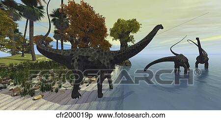 Stock Illustration - Three Diplodocus dinosaurs visit an island in the prehistoric era.. Fotosearch