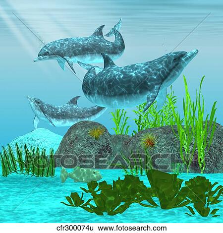 Stock Illustration - Three dolphins swim around a reef area looking for fish to eat.. Fotosearch