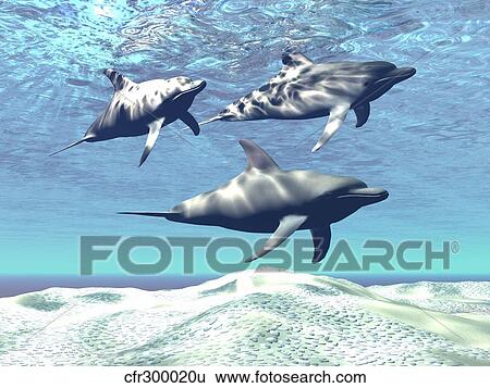 Stock Illustration - Three dolphins swimming over a sandy reef.. Fotosearch