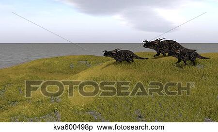 Three Einiosaurus dinosaurs walking across a grassy field. View Large Illustration Stock Illustration - Three Einiosaurus dinosaurs walking across a grassy field.. Fotosearch