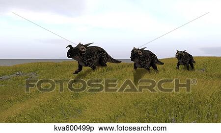 Stock Illustration - Three Einiosaurus dinosaurs walking across a grassy field.. Fotosearch